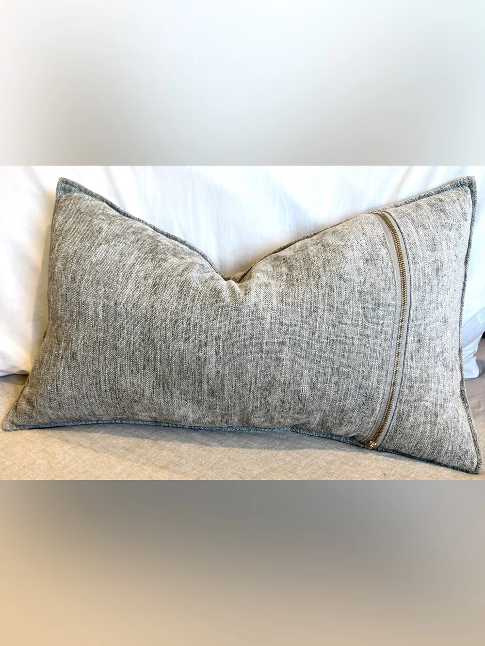 Catherine Malandrino Textured Lumbar Pillow - Gray with Gold-Toned Zipper Decor
